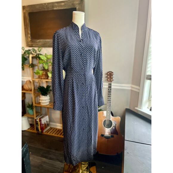 Vintage 90s Navy Long Sleeve Button Front Silk Dress Size 6 Small - Picture 4 of 8